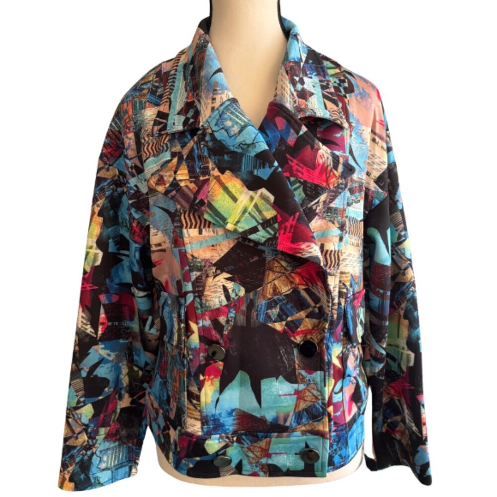 MARALLIS MULTICOLOR ABSTRACT PRINT DOUBLE BREASTED JACKET, SZ. M, NEW